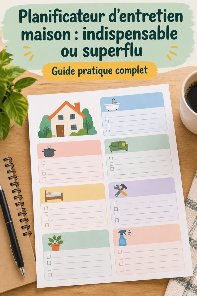 Un planner d'entretien maison ouvert sur une table, avec des notes et de la décoration douce.