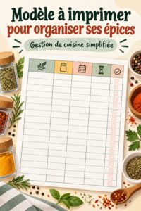 Un exemple d'inventaire d'épices imprimable sur un plan de travail de cuisine