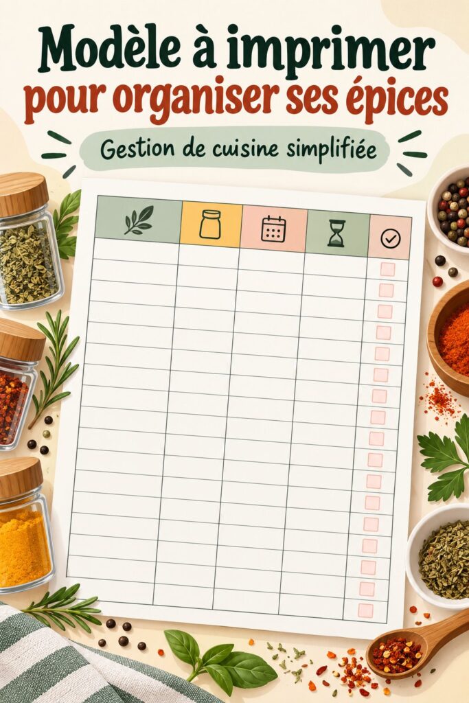Un exemple d'inventaire d'épices imprimable sur un plan de travail de cuisine