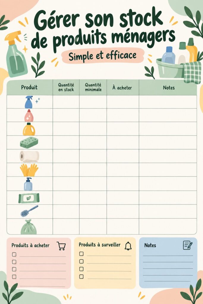 Inventaire organisé de produits ménagers avec étiquettes claires et boîtes de rangement