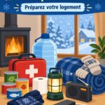 Un kit d'urgence hivernal bien organisé comprenant des provisions et des outils pour la maison.
