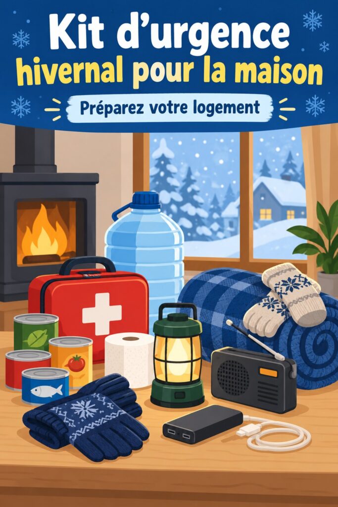 Un kit d'urgence hivernal bien organisé comprenant des provisions et des outils pour la maison.