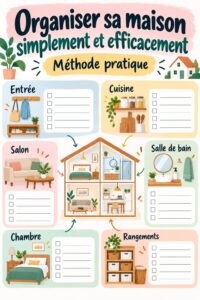 Une femme heureuse dans une maison organisée, illustrant des méthodes pratiques d'organisation.