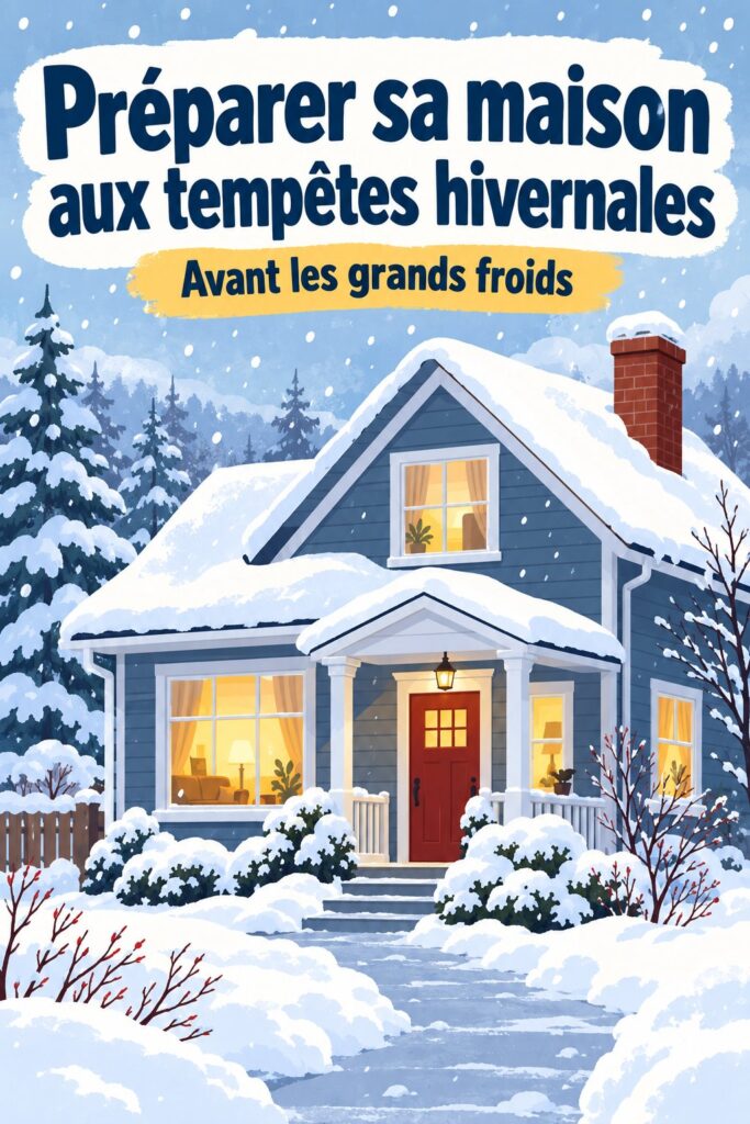 Visuel d'une maison bien préparée pour l'hiver avec des équipements de sécurité et des provisions.