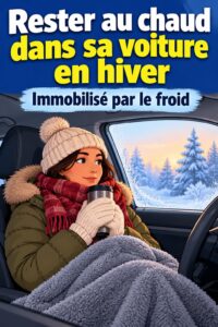 Femme dans une voiture à l'arrêt pendant une tempête d'hiver, essayant de se réchauffer.