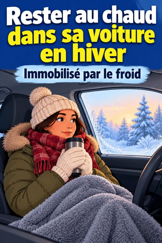 Femme dans une voiture à l'arrêt pendant une tempête d'hiver, essayant de se réchauffer.