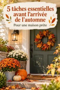 Vue chaleureuse d'une maison préparée pour l'automne avec des décorations et des couleurs de saison.
