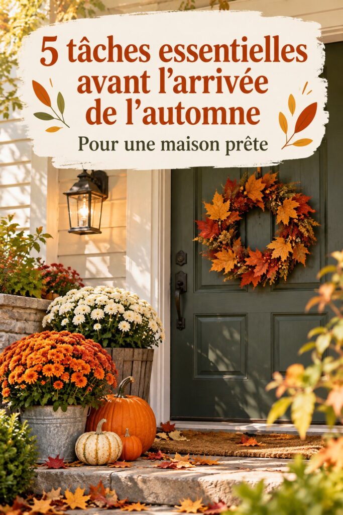Vue chaleureuse d'une maison préparée pour l'automne avec des décorations et des couleurs de saison.